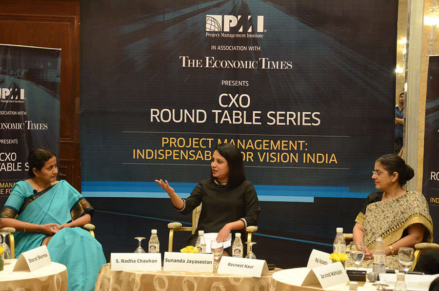 From L-R- S. Radha Chauhan (IAS), President and CEO, National eGovernance Division; Sunanda Jayaseelan (Moderator), ET NOW; Ravneet Kaur, Joint Secretary-DIPP, Ministry of Commerce and Industry, Govt of India