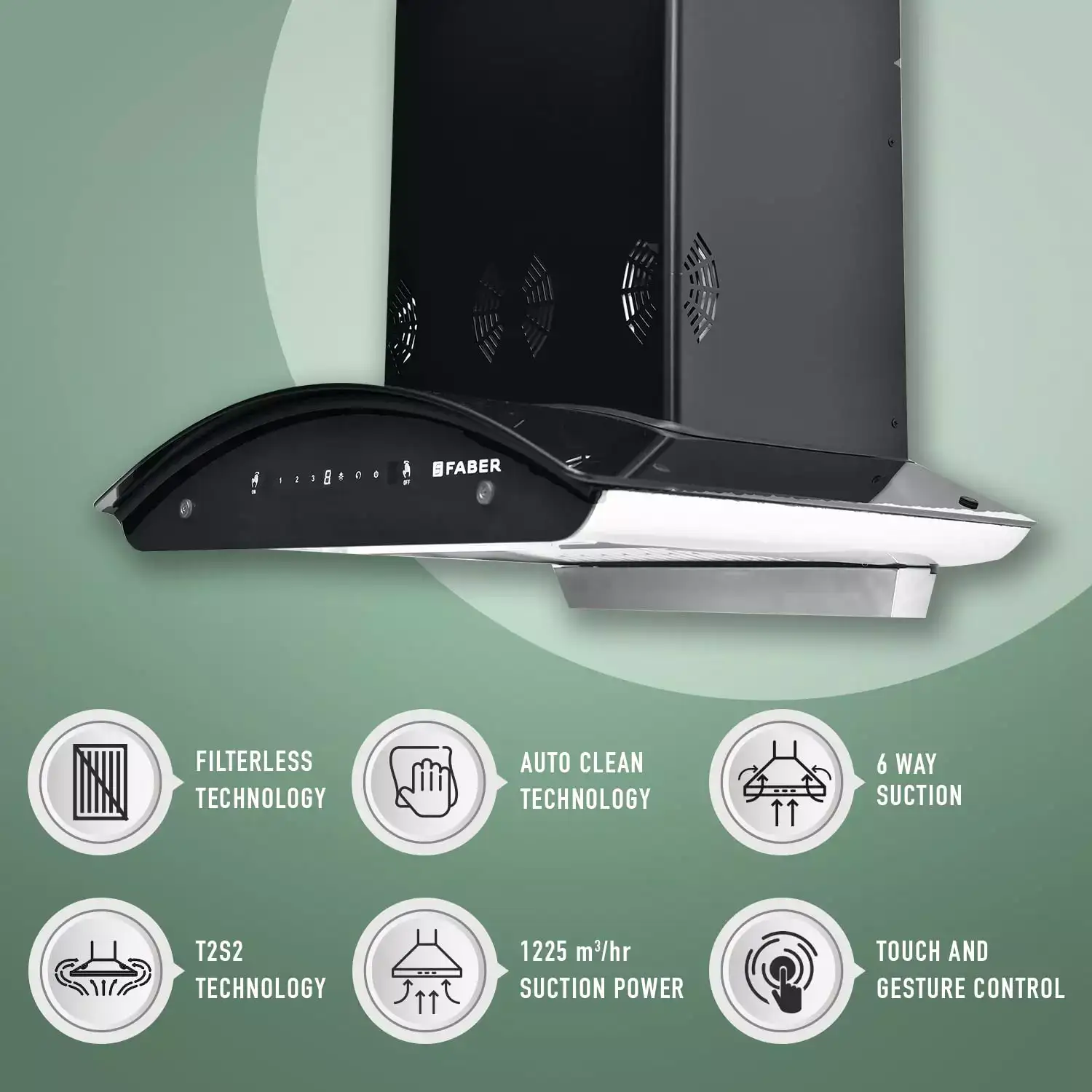 Image for Faber60cm6-waySilentSuction1250m3%2FhrAutocleanKitchenChimney