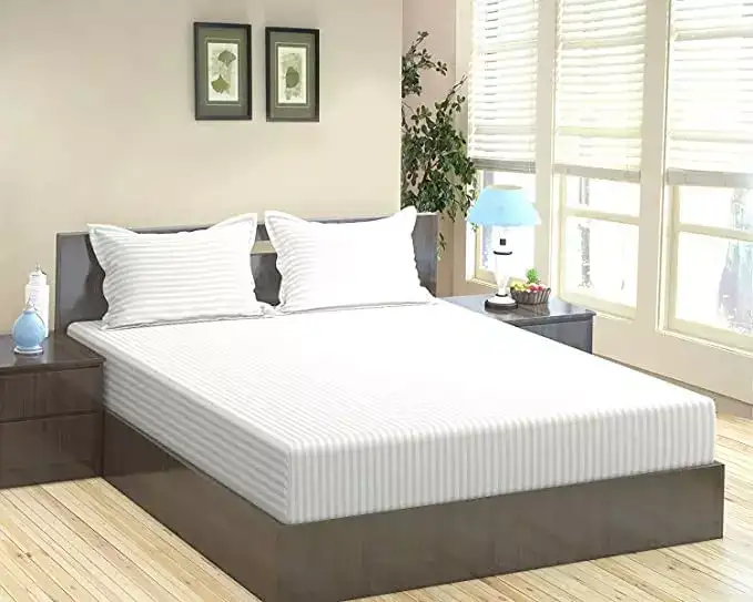 Image for TranceHomeLinenCotton400TCSatinStripedElasticatedFittedBedsheetwith2PillowCovers