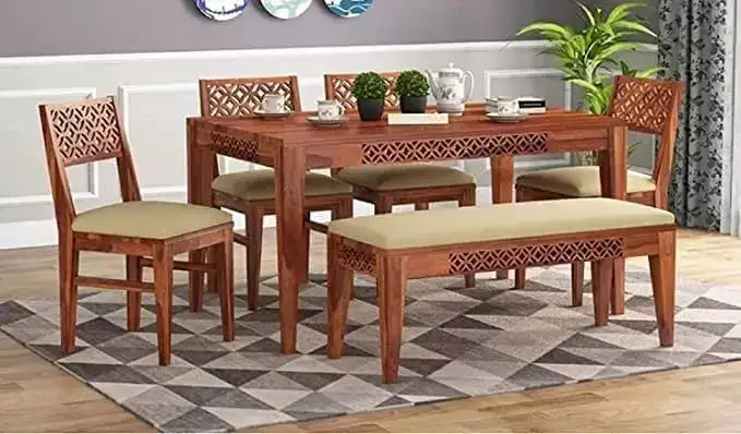 Image for RamdootFurnitureCNCSheeshamWoodDiningTableSet-6Seater