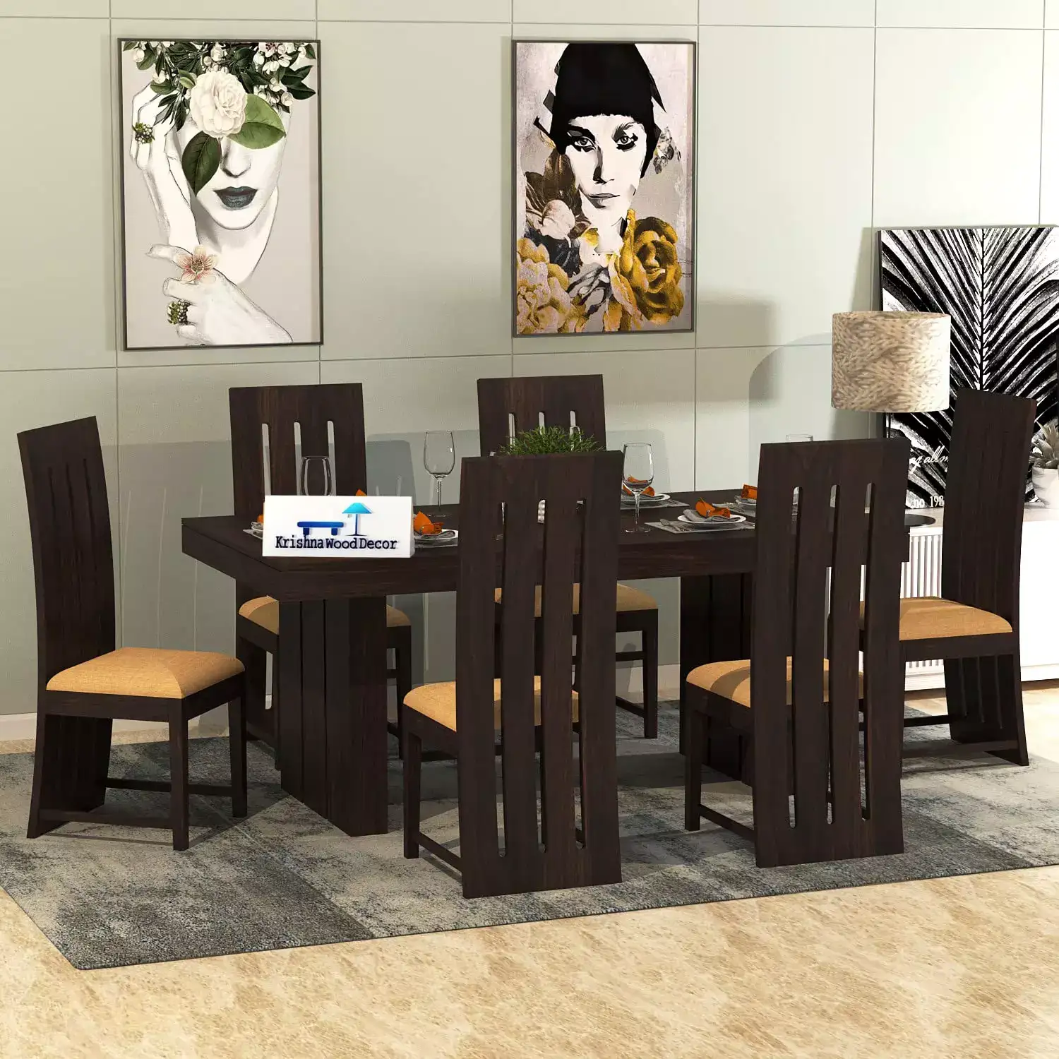 Image for KrishnaWoodDecorSolidWoodenSheeshamWoodDiningTable6SeaterwithChairSet