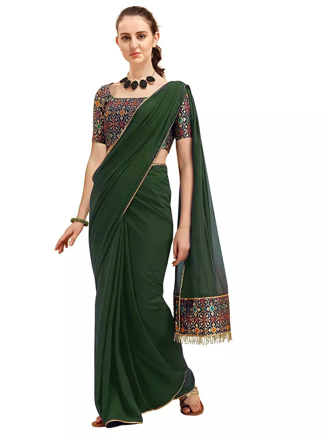 OOMPH! Women's Georgette Sarees Fancy Georgette Sarees/plain Georgette  Sarees with printed border - madhurta.com