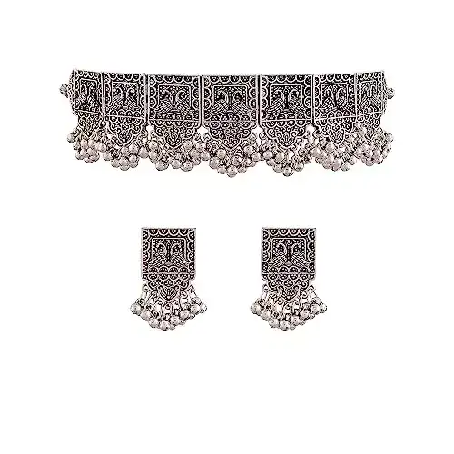 Image for IJewelsOxidizedSilverPlatedAfghaniChokerNecklaceJewellerySetforWomen