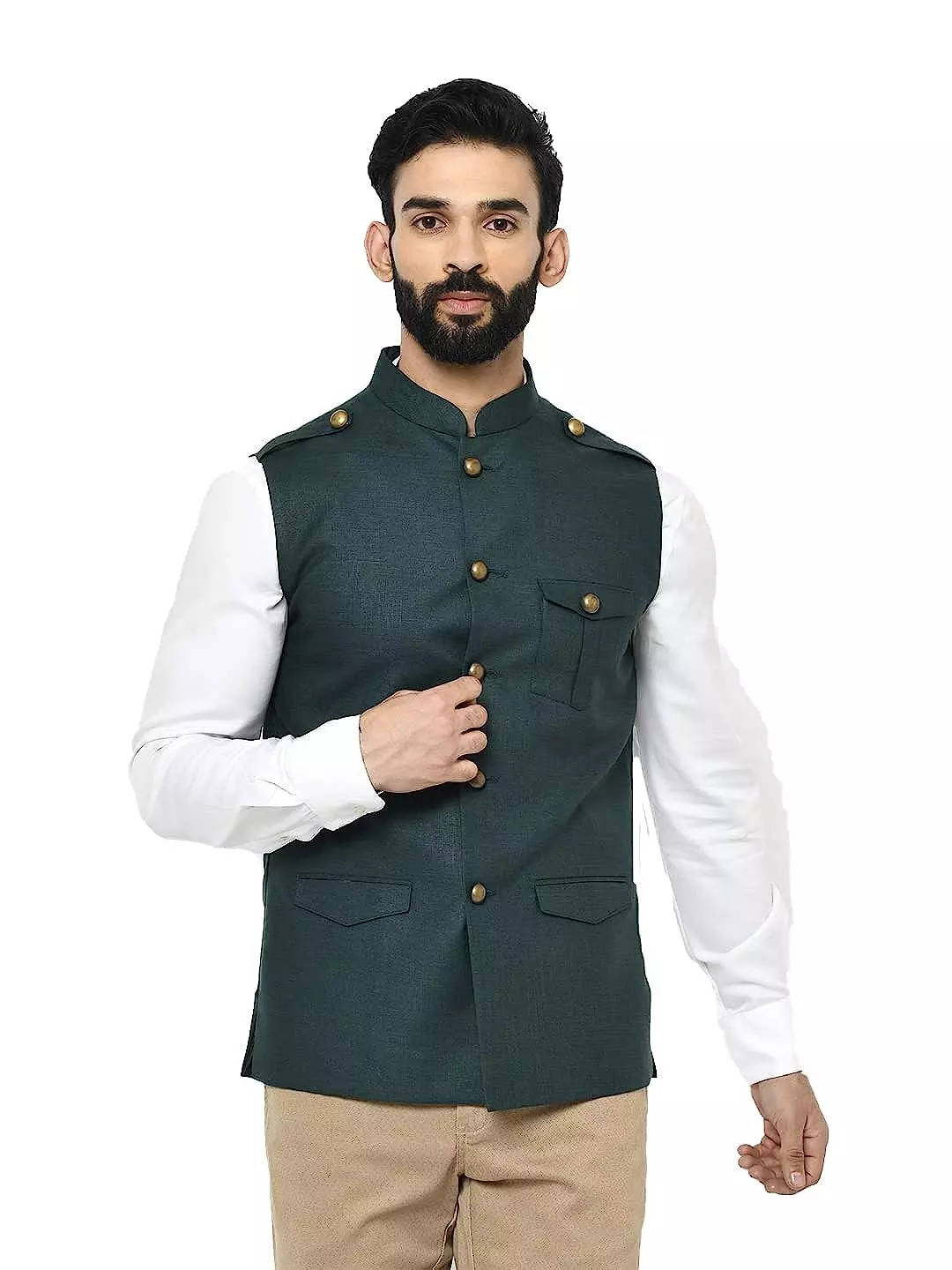 Solid Color Acrylic Nehru Jacket in Cream : MAN355