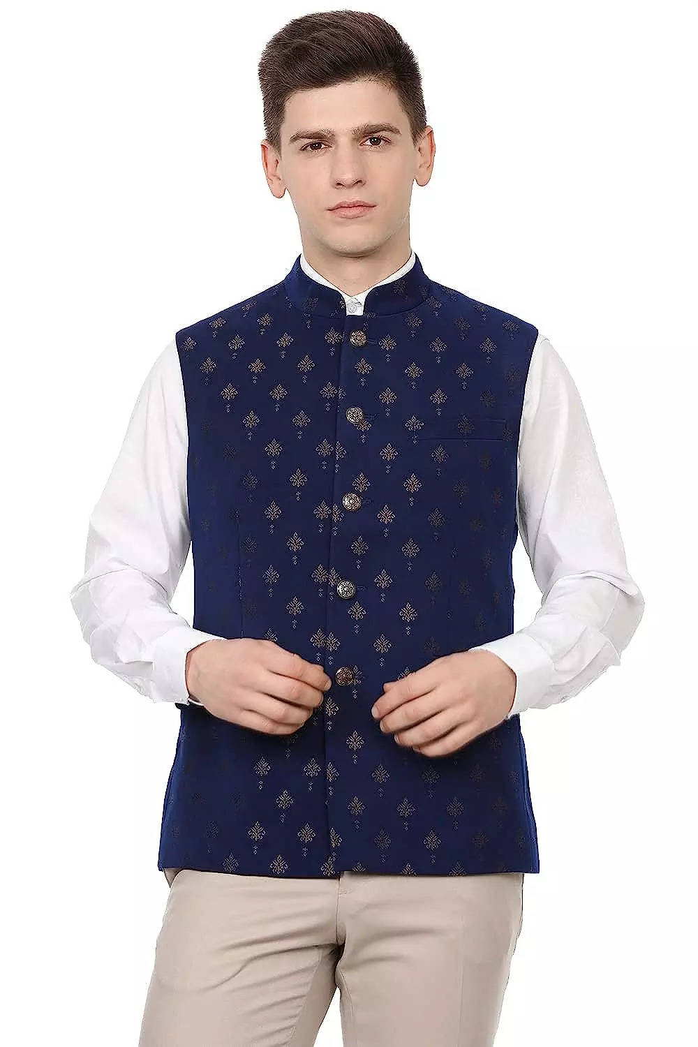 Men's Jacquard Silk Royal Blue Self Design Only Nehrujacket - Sojanya |  Men's ethnic wear, Nehru jackets, Best wear