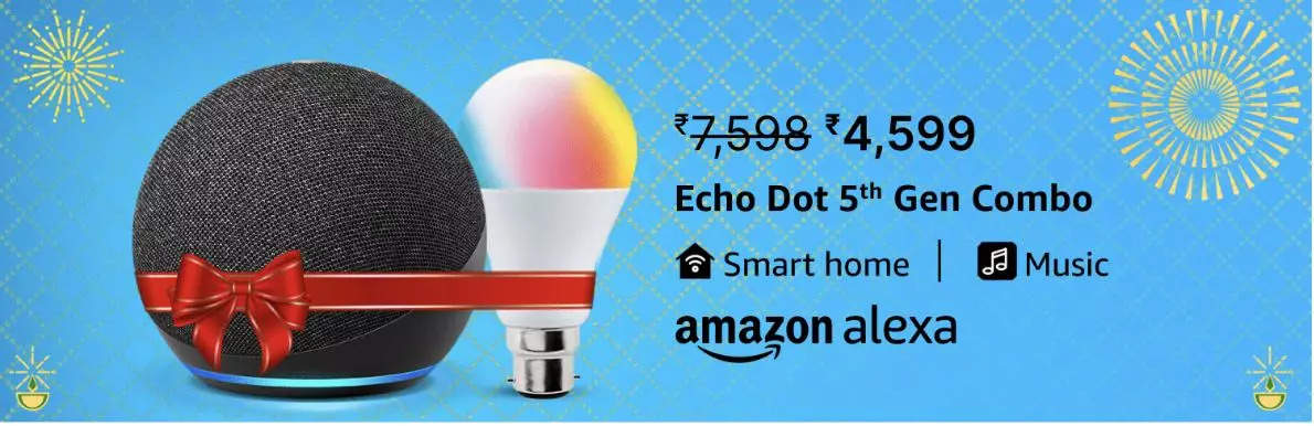 Echo Dot (5th Gen, White) Combo with Wipro 9W LED Smart Color Bulb