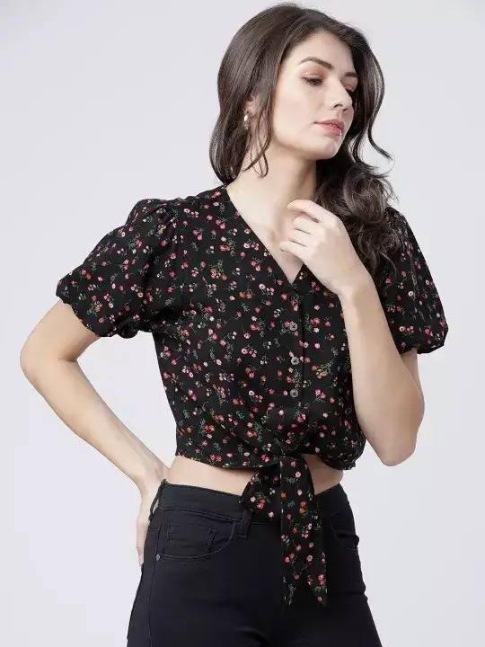 Image for TokyoTalkiesBlackFloralPrintedTieUpCropShirtStyleTop