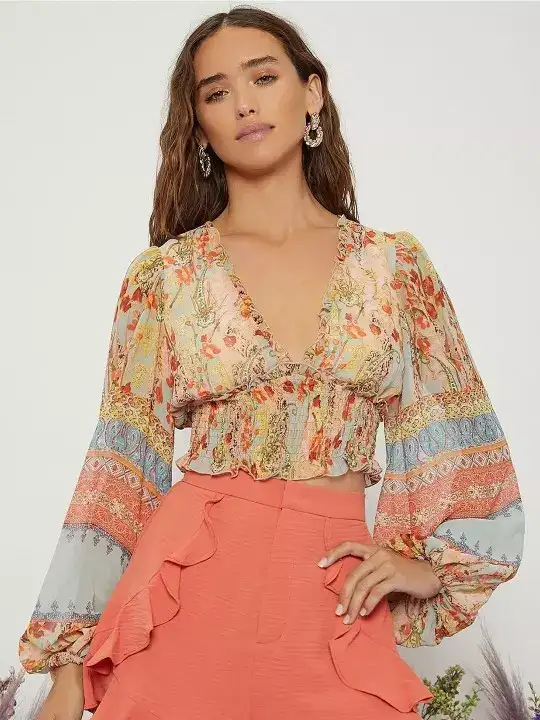 Image for StylecastXSlyckGeometricPrintedV-neckPuffSleeveTop