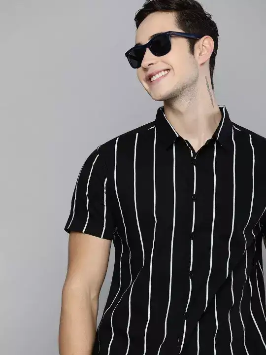 Image for HERE%26NOW-Men'sBlackSlimFitStripedCasualShirt