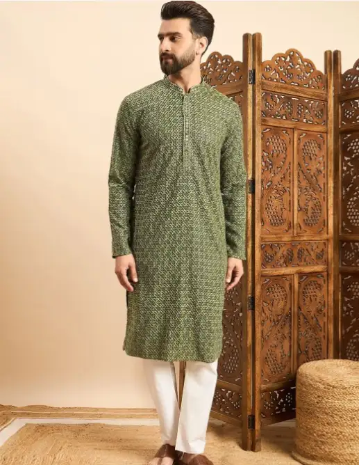Image for HouseofPataudiEmbroideredMandarinCollarEthnicWearKurta
