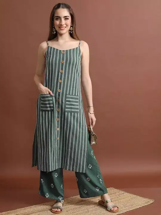 Image for Vishudh-OliveGreenStripedShoulderStrapsStraightKurtawithPalazzos