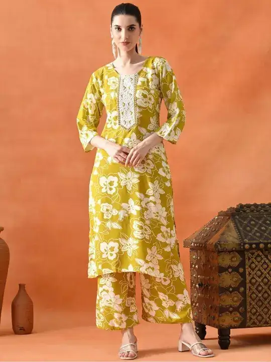 Image for PHYSIL-Women'sPumpumFloralEmbroideredRegularPureCottonKurtawithTrousers