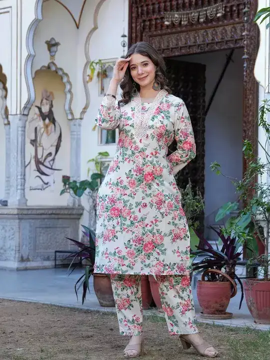 Image for 3.BKApparels-FloralPrintedV-NeckPureCottonStraightKurtaWithTrousers