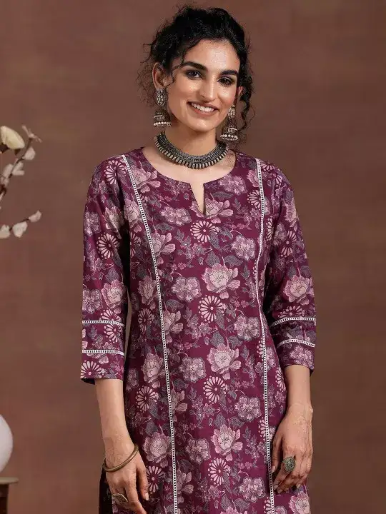 Image for PHYSIL-FloralPrintedNotchNeckPureCottonStraightKurtawithTrousers
