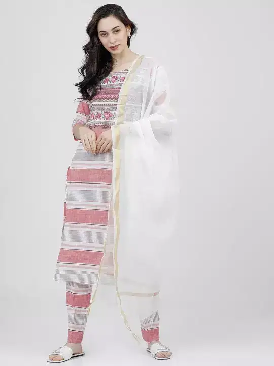 Image for Vishudh-Women'sCoralandOffWhiteStripedCottonKurtawithPalazzoandDupatta
