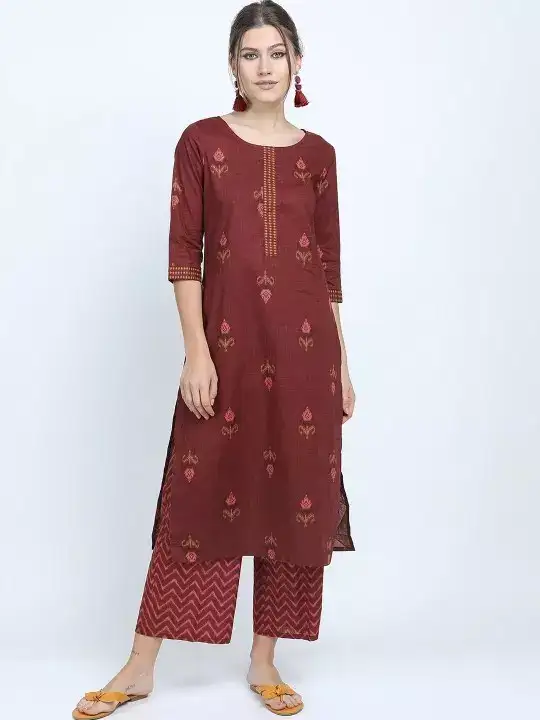 Image for Vishudh-WomenMaroonFloralPrintedPureCottonKurtaWithPalazzos