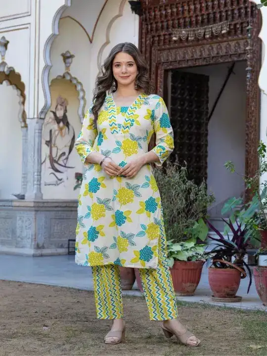 Image for BKApparels-FloralPrintedV-NeckStraightPureCottonKurtaWithTrouser