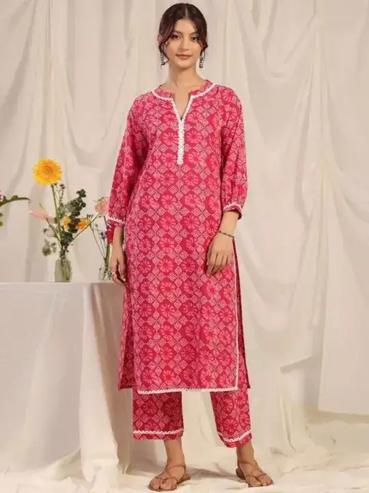 Image for PHYSIL-FloralPrintedMandarinCollarPureCottonStraightKurtaWithTrousers