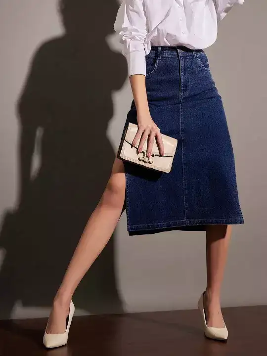 Image for SASSAFRAS-NavyBlueDenimSideSlitPencilMidiSkirt