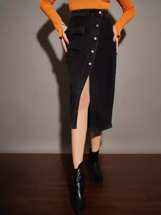 Image for SASSAFRAS-BlackFrontSlitDenimWrapMidiSkirt