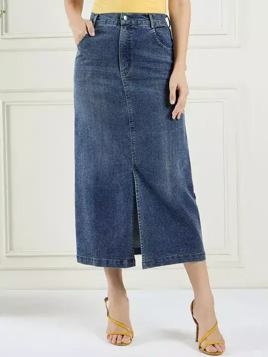 Image for DRAPEANDDAZZLE-Women'sDenimFrontSlitMidiA-LineSkirt