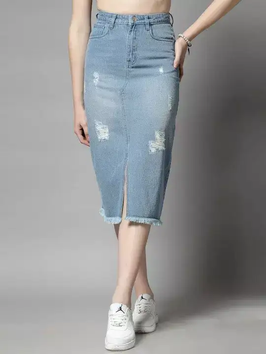 Image for COSMICTRIO-A-LineDistressedDenimMidiSkirt