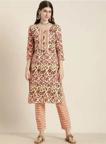 Image for HERE%26NOWWomenFloralPrintedGottaPattiPureCottonKurtawithTrousers