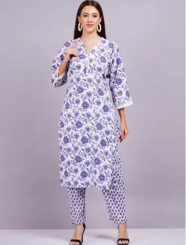 Image for KALINIFloralPrintedRegularPureCottonKurtaWithTrouser