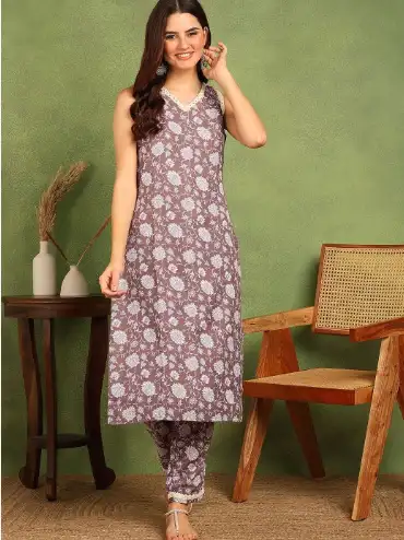Image for DSKSTUDIOFloralPrintedStraightKurtawithTrousers