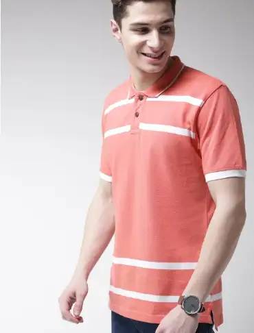 Image for MastHarbourMenCoralPinkStripedPoloCollarPureCottonT-shirt