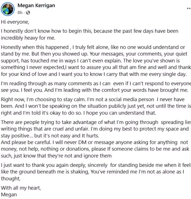 Megan Kerrigan's viral Facebook post screenshot. Authenticity of the post is still in question. Megan Kerrigan's viral Facebook post screenshot. Authenticity of the post is still in question.