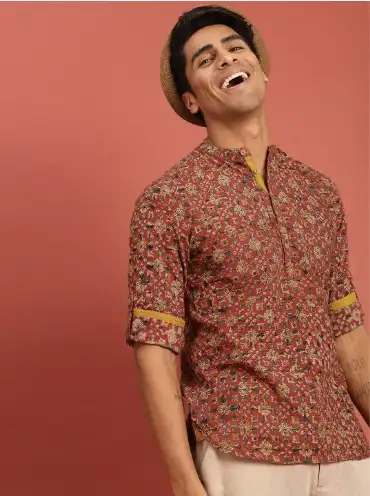 Image for TaaviMenRedKalamkariBlockPrintedStraightKurta