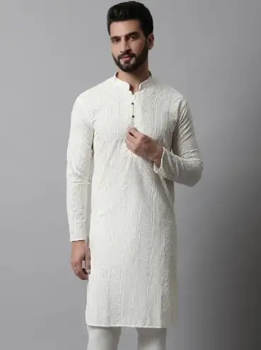 Image for JompersMenCream-ColouredEthnicMotifsEmbroideredCottonKurta