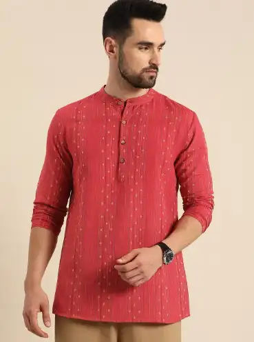 Image for AnoukMenCoralRedEmbroideredMandarinCollarShortKurta