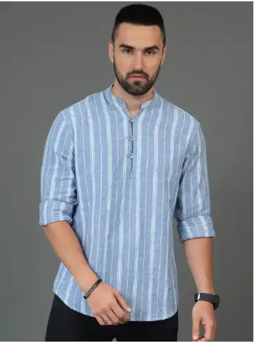 Image for HERE%26NOWStripedMandarinCollarCottonStraightShortKurta