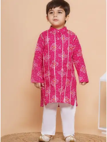 Image for AjDEZInESBoysBandhaniPrintedBandCollarKurtawithPyjama