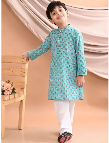Image for SangriaBoysBlueFloralPrintedPureCottonStraightKurtaSet