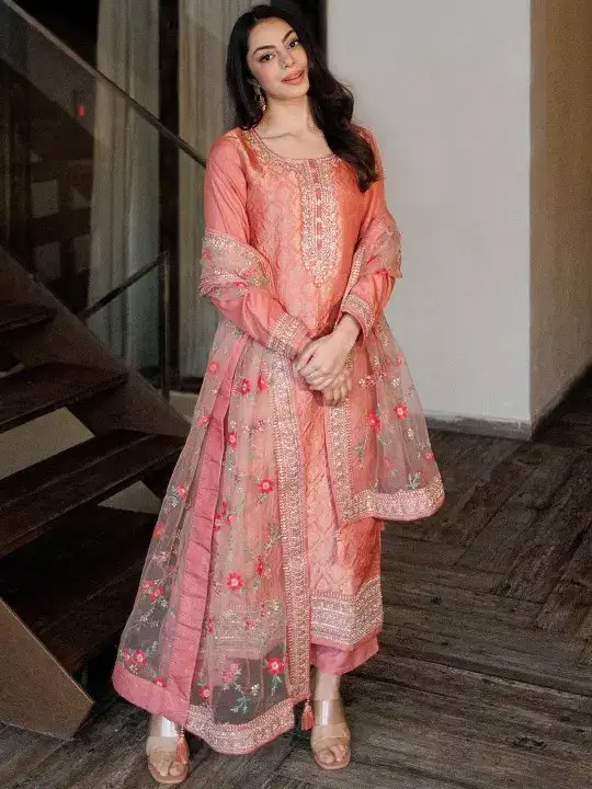 Image for Libas-WomenPeach-ColouredFloralKurtawithTrousers%26Dupatta