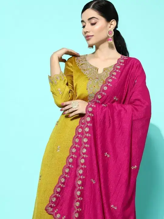 Image for Sangria-Yellow%26PinkFloralStraightKurtaWithPalazzo%26Dupatta