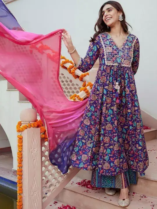 Image for Janasya-Women'sPurplePureCottonEthnicPrintedKurtaSet