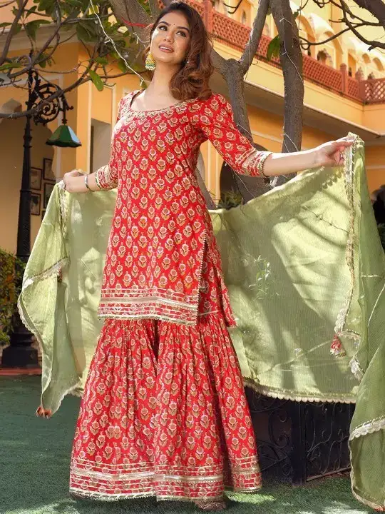 Image for Divena-WomenMaroon%26GreenEthnicPrintedKurtawithSharara%26Dupatta