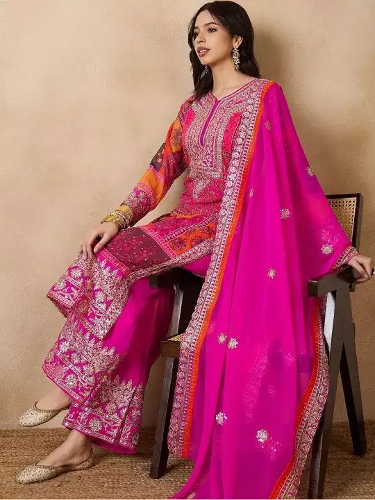 Image for SERONAFABRICS-EthnicMotifsStraightKurtaWithPalazzos%26Dupatta