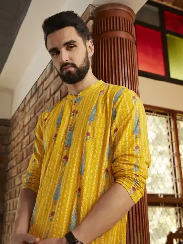 Image for AnoukMenMustardPrintedPureCottonKurtawithTrousers