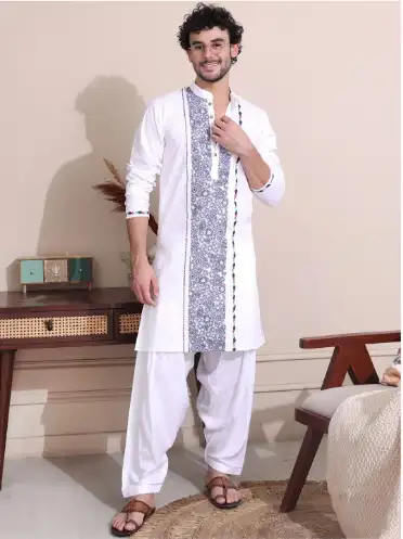Image for MIDAVMandarinCollarPrintedRegularPureCottonKurtawithPyjamas