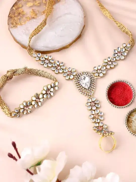 Image for PANASH-GoldPlatedBhaiyaBhabhiBraceletWithRingRakhiWithRoliChawal