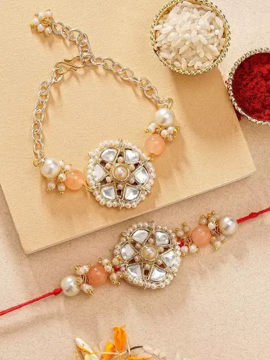 Image for KARATCART-Beads%2CFloralShape%2CKundanBhaiyaBhabhiRakhiwithRoli%26Chawal