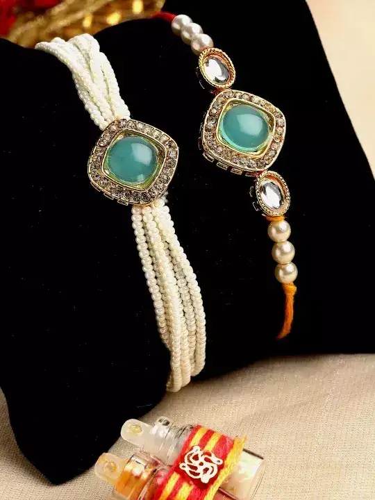 Image for PANASH-SetOf2Gold-PlatedStone-Studded%26BeadedRakhisWithRoliChawal
