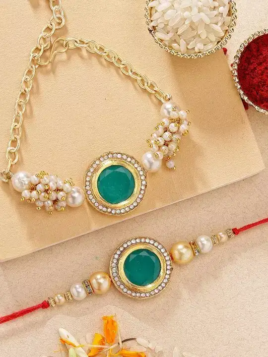 Image for KARATCART-Setof2Gold-platedPolkiKundanBhaiBhabhiRakhiSet