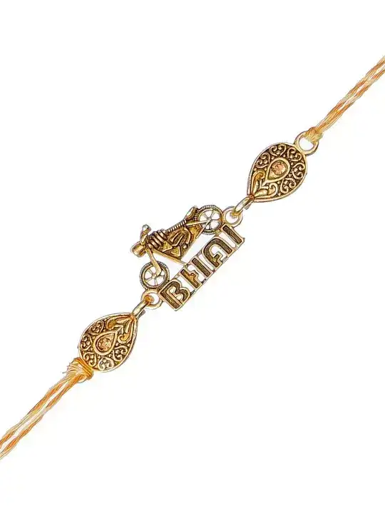 Image for eCraftIndia-Gold-TonedDesignerBikeRakhi%26RoliChawalPack
