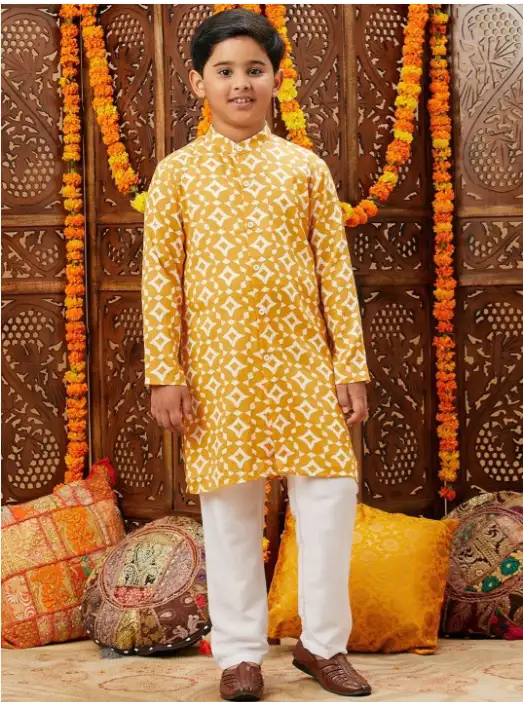 Image for StyloBugBoysEthnicMotifsPrintedBandCollarStraightKurtawithPyjamas